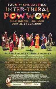 This show many native American in ther regalia in a poster for the 2008 Hilo Pow Wow.